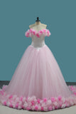 2024 Tulle Ball Gown Off The Shoulder Quinceanera Dresses With Handmade Flower