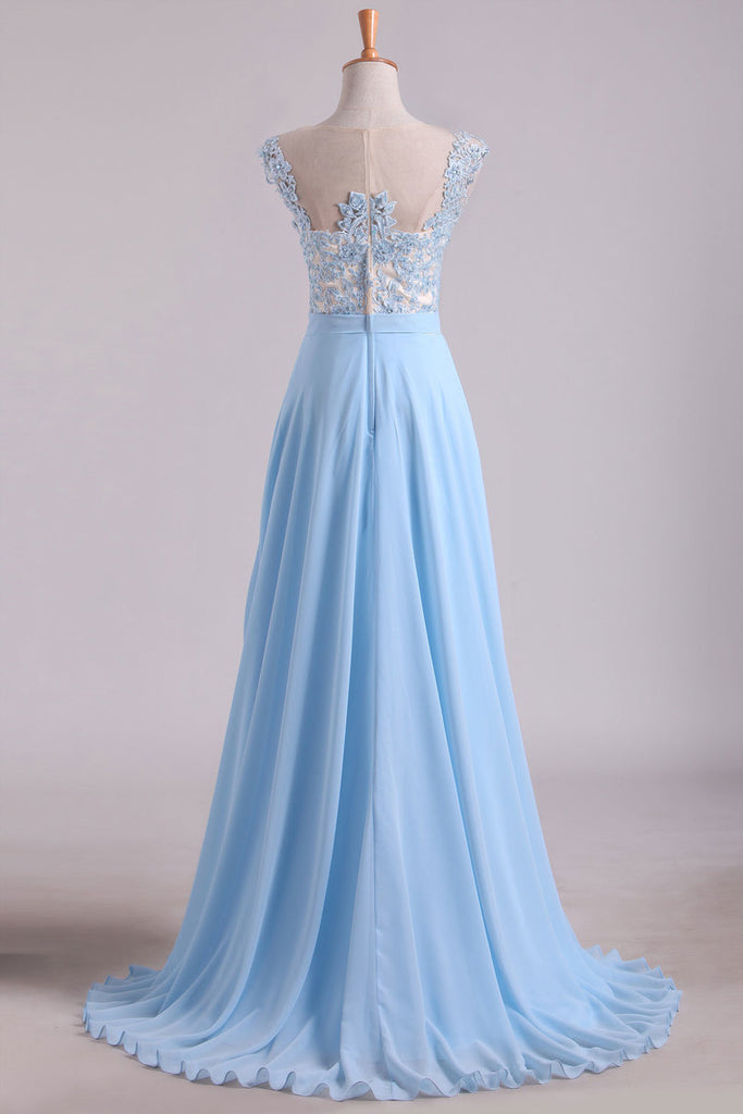 2024 Scoop Cap Sleeves Prom Dresses Chiffon With Applique Floor Length