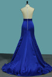 2024 Satin Mermaid V Neck Beaded Bodice Prom Dresses Sweep Train