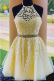 Short Halter Beaded Tulle Homecoming Dresses Appliques