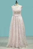 2024 A Line Scoop Evening Dresses Lace With Applique And Beading Sweep Train