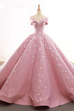 Ball Gown Off The Shoulder Satin Prom Dress With Appliques, Long Quinceanera Dress