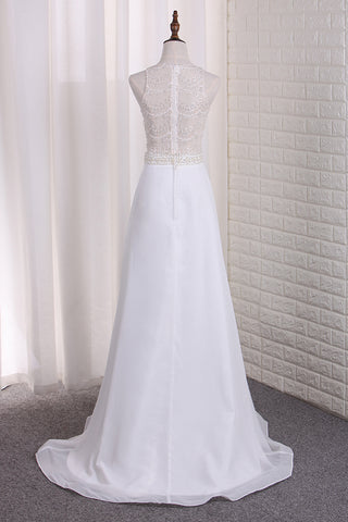 2024 New Arrival A Line Scoop Chiffon & Lace Wedding Dresses With Slit