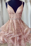 Glitter V-Neck Short Blush Homecoming Dress With Ruffles