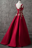 A-Line Bateau Floor-Length Sleeveless Satin Prom Dress/Evening Dress Appliques
