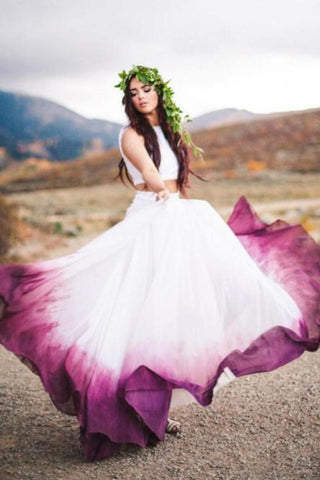 Flowy Two Pieces White Straps Prom Dresses Bateau Dyed Chiffon Wedding Dress