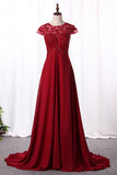 2024 Prom Dresses A Line Scoop Neck Empire Waist Chiffon With Beading Sweep Train