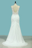 2024 Wedding Dresses Mermaid V Neck Chiffon With Applique Open Back