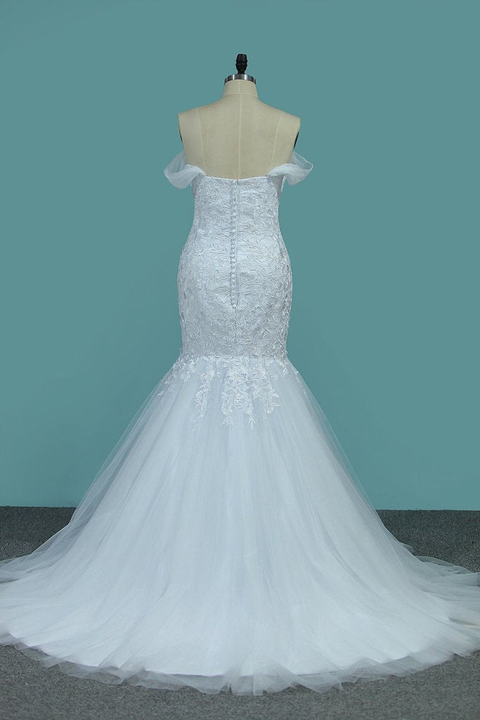 2024 Off-The-Shoulder Mermaid Wedding Dresses Tulle With Applique Court Train