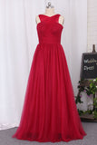2024 Straps Tulle Pleated Bodice Bridesmaid Dresses A-Line