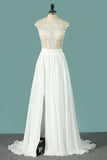 2024 Chiffon Wedding Dresses Scoop Cap Sleeves With Applique And Slit