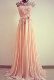 Scoop Prom Dresses A Line Chiffon With Applique And Ribbon Lace Up Back