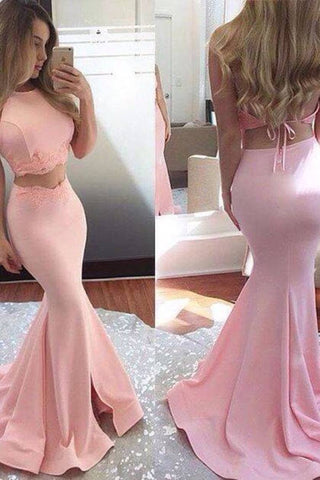 Mermaid Satin Two Pieces Prom Dresses With Appliques&Slit