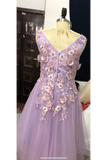A-Line Spaghetti Straps High Low V Neck Prom Party Dress With Flowers