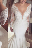 2024 Long Sleeves Satin Wedding Dresses Mermaid With Applique And Beads