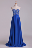 2024 New Arrival Dark Royal Blue Sweetheart Prom Dresses A Line With Beaded Bodice Chiffon