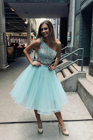 Two Pieces One Shoulder Tulle Lace Short Homecoming Dresses