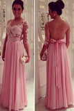 2024 Mid-Length Sleeve A-Line Scoop Chiffon Prom Dresses Floor-Length With Applique And Bow-Knot