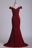 2024 Off The Shoulder Prom Dresses Spandex Burgundy/Maroon Sweep Train With Applique