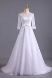 2024 Shiny Wedding Dresses Bateau Half Length Sleeve A Line With Applique