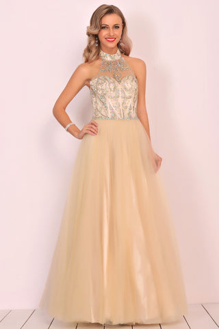 2024 A-Line Halter Prom Dress Floor-Length Tulle With Beads&Rhinestones