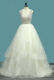 2024 New Arrival A Line Tulle Scoop Beaded Bodice Wedding Dresses