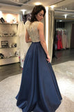 Modest Beading Blue Long A-Line Elegant Satin Prom Dresses Party Dresses
