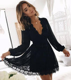 Chic Black Deep V Neck Long Sleeves Lace Homecoming Dress, Black Short Prom Gowns SRS14968