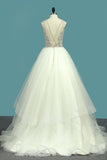 2024 New Arrival A Line Tulle Scoop Beaded Bodice Wedding Dresses