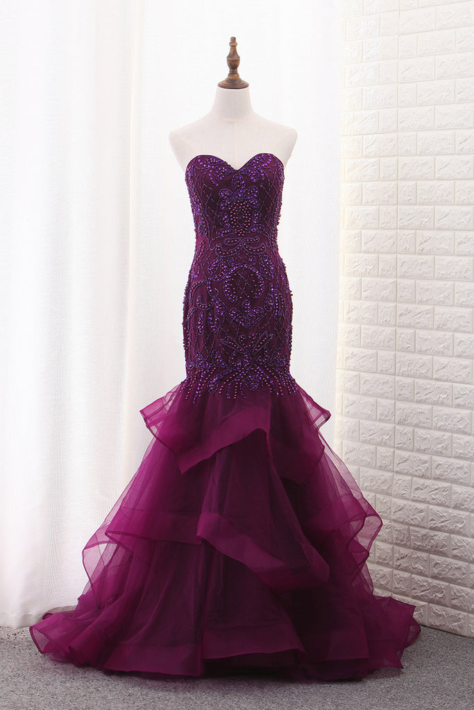 2022 Sweetheart Mermaid Tulle Prom Dresses With Beading Sweep Train