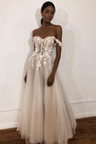 Unique Off The Shoulder Ivory Long Wedding Dress With Appliques, Sweetheart Wedding Gowns