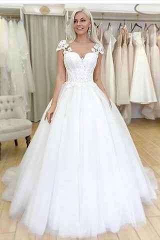 Retro Cap Sleeves Ball Gown Wedding Dress With Lace Top