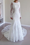 2024 Sexy Open Back Long Sleeves Scoop Wedding Dresses Mermaid Tulle With Applique