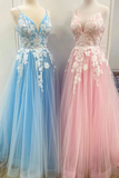 New Spaghetti Strap Floor Length A Line Tulle Prom Dress With Appliques, Formal Dress
