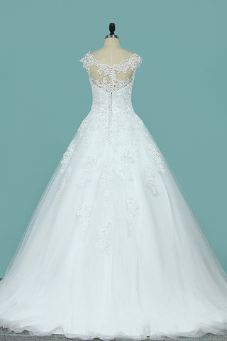 2024 A Line Scoop Tulle With Applique Wedding Dresses Court Train