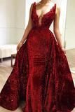 Burgundy Sequins Long V Neck Prom Dresses Lace Evening Dresses
