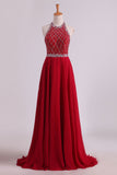 2024 A Line Halter Open Back Prom Dresses Sweep Train Chiffon & Tulle With Beading