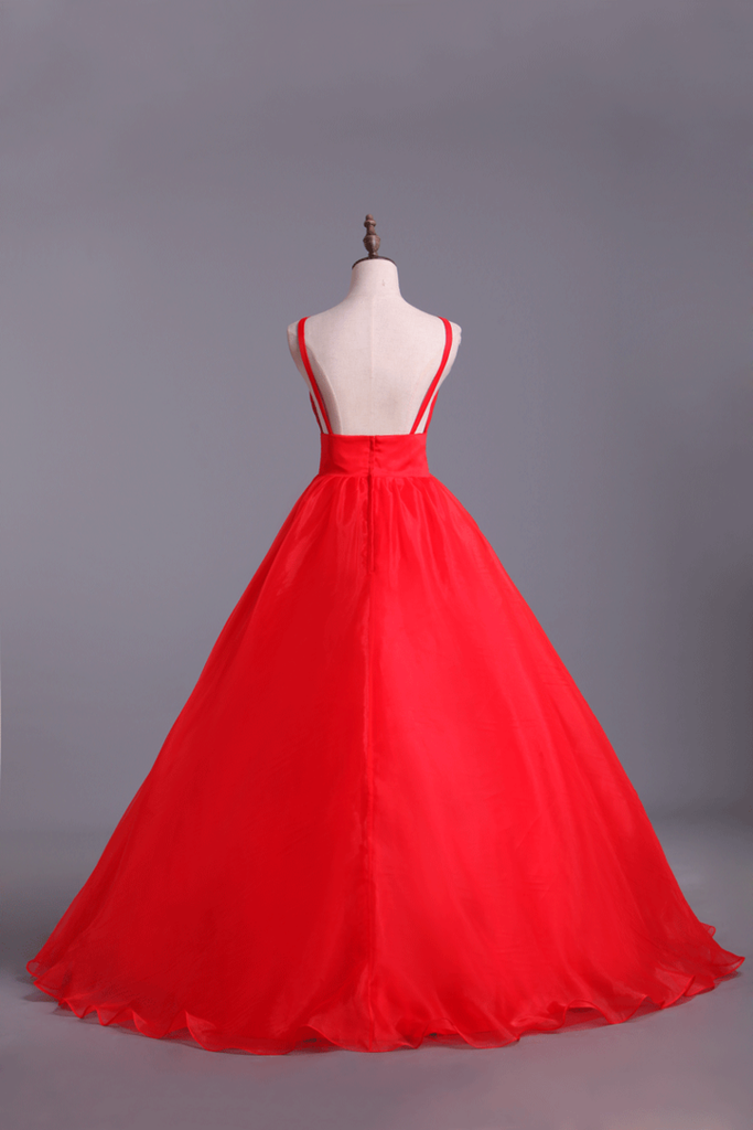 2024 Deep V Neckline Prom Dress Organza Floor Length Backless Sexy Red