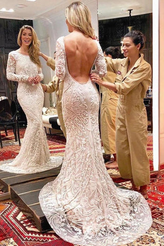 Ivory Backless Long Sleeves Mermaid Wedding Dress, Embroidery& Beads Wedding Dresses