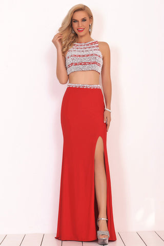 2024 Two-Piece Scoop Prom Dresses Spandex With Beads And Slit