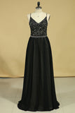 2024 Spaghetti Straps Open Back Prom Dresses Chiffon With Applique And Beads