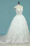 2024 Wedding Dresses Short Sleeves Scoop A Line Tulle With Applique