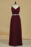 2024 V Neck Bridesmaid Dresses A Line With Beads And Ruffles Floor Length Chiffon