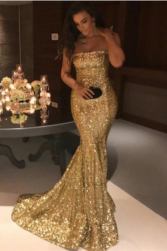 Sexy Mermaid Sequins Strapless Long Evening Dresses, Simple Prom SRS15665