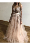 Sheer Round Neck Appliques Long Sleeves Tulle Prom Party Dresses