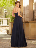 Dark Navy Chiffon A-Line Sweetheart Sleeveless Floor-Length Long Prom Dresses with Appliques