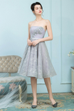 A-Line Strapless Grey Ball Sandy Lace Homecoming Dresses Gown With Rhinestones