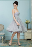 A-Line Strapless Grey Ball Sandy Lace Homecoming Dresses Gown With Rhinestones