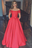 2024 A Line Red Scoop Neck Short Sleeves Satin Prom Dresses With Pockets