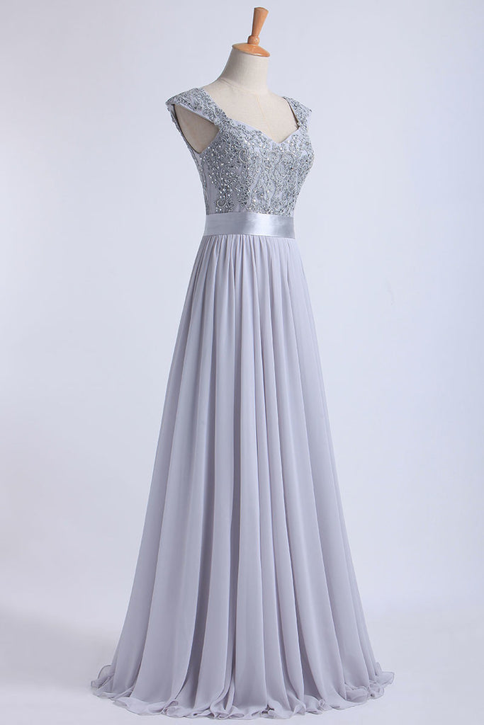 2024 Off The Shoulder A-Line Floor-Length Prom Dresses Beaded Bodice Tulle And Chiffon